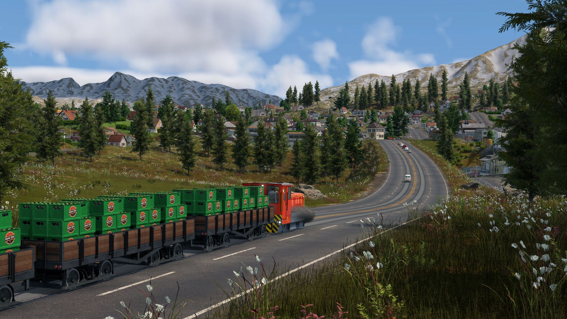 Transport Fever 3 gameplay screenshot: a small red locomotive hauling wagons of green crates along a road through an alpine village